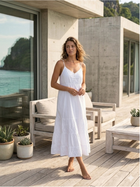 Karina Highway Dresses & Skirts - Karina-Highway White 100% Cotton Eyelet Tiered Midi Dress Resort Boho Medium
